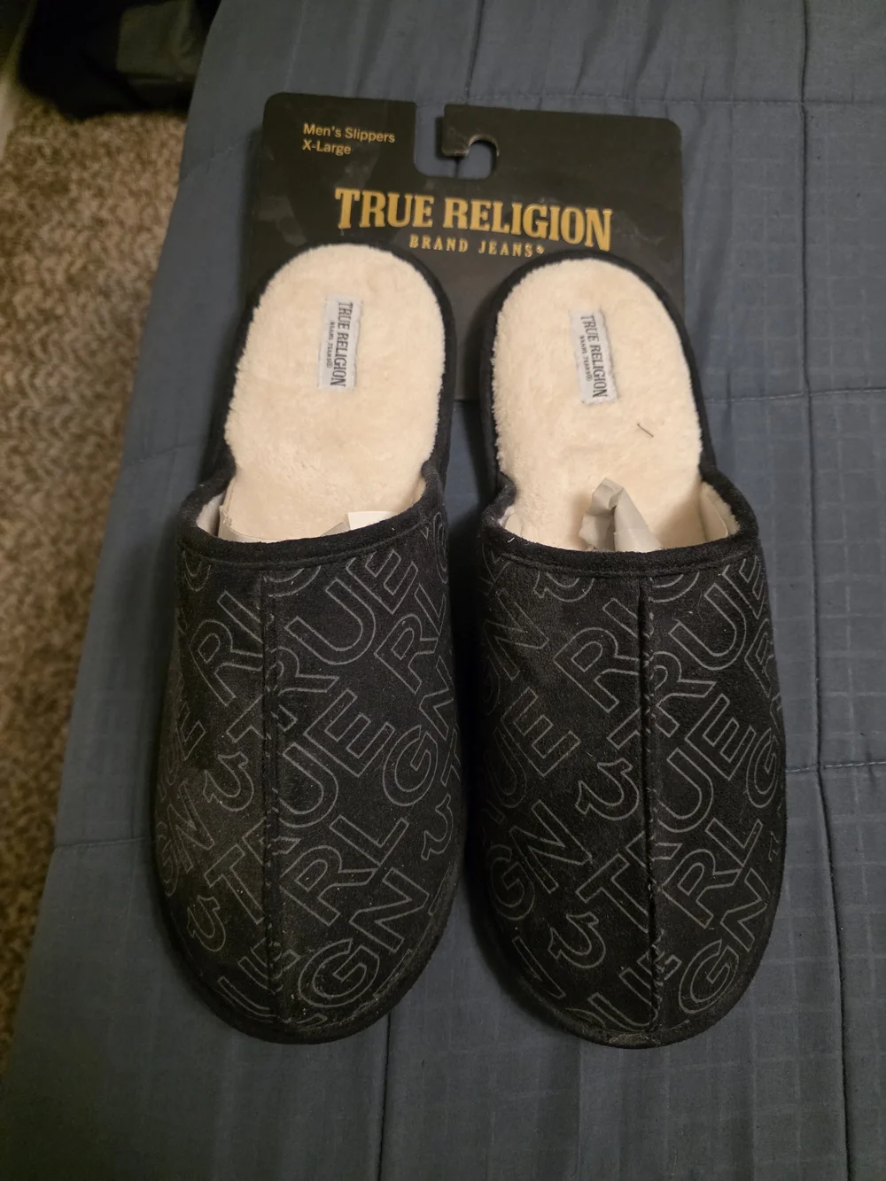True Religion Black Logo-Print Plush Slip-Ons